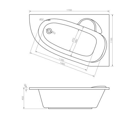 Комплект 4 в 1 Lavinia Boho Bell Pro S2-370217PR, акриловая ванна 170x110 см (правый разворот), усиленный металлический каркас, подголовник, лицевой экран