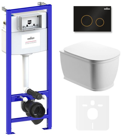 Комплект 6 в 1 Lavinia Boho Bell Pro Rimless 75110012, премиум с пластиковой черно-золотистой клавишей, инсталляцией и унитазом