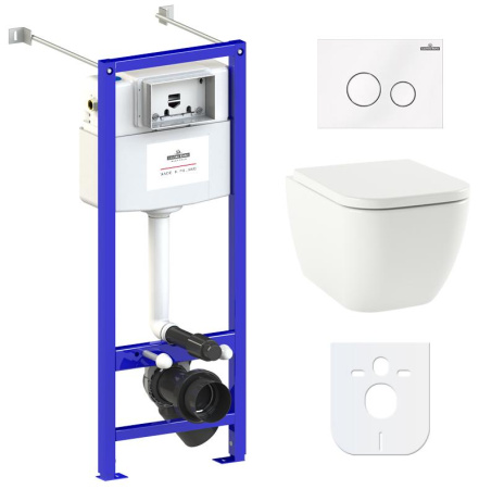 Комплект 6 в 1 Lavinia Boho One Rimless 77050167, премиум со стеклянной белой клавишей, удлиненным крепежом, инсталляцией и унитазом